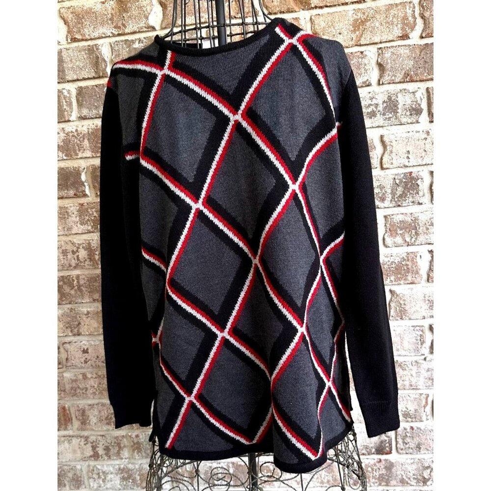 Vintage 90s Country Casuals Sweater Medium Black Gray Red Striped Wool b…